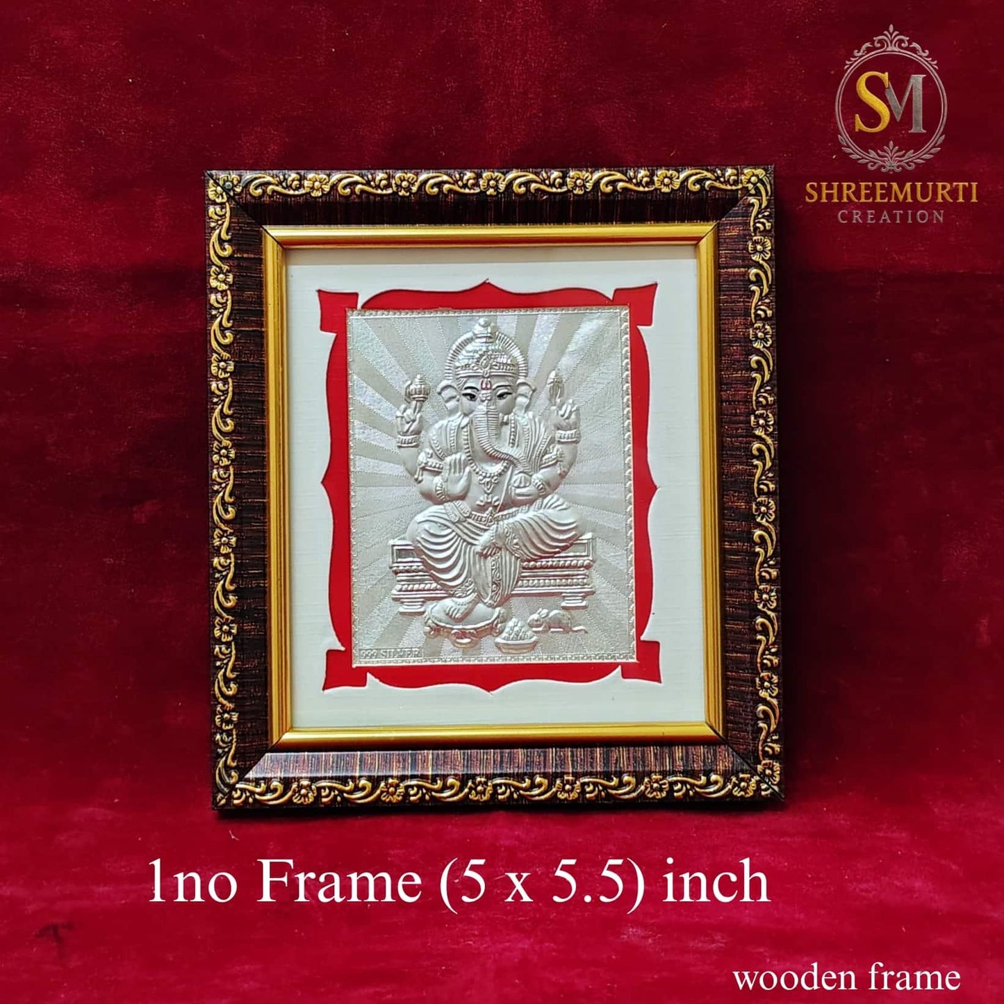 Premium 999 Pure Silver Ganesha Frame in Wooden Frame – 5x5.5 Inch Return Gift - Shreemurti Creation 