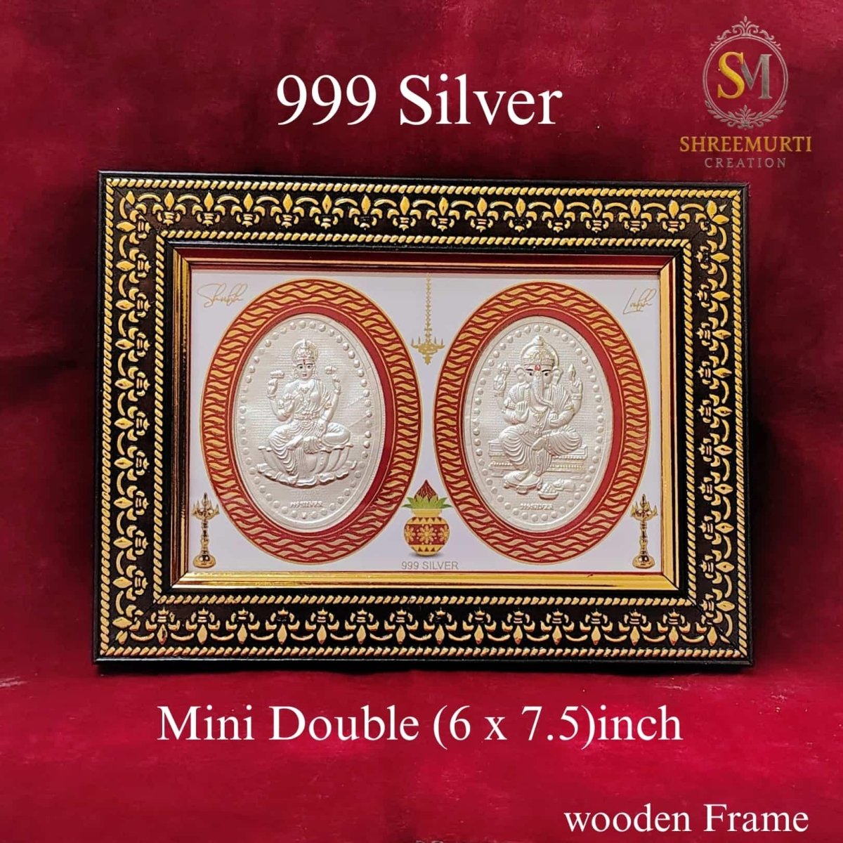 Exquisite Mini Double 999 Pure Silver Ganesha Laxmi Frame – 6x7.5 Inch Wooden Frame Corporate Gift - Shreemurti Creation 