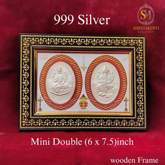 Exquisite Mini Double 999 Pure Silver Ganesha Laxmi Frame – 6x7.5 Inch Wooden Frame Corporate Gift - Shreemurti Creation 