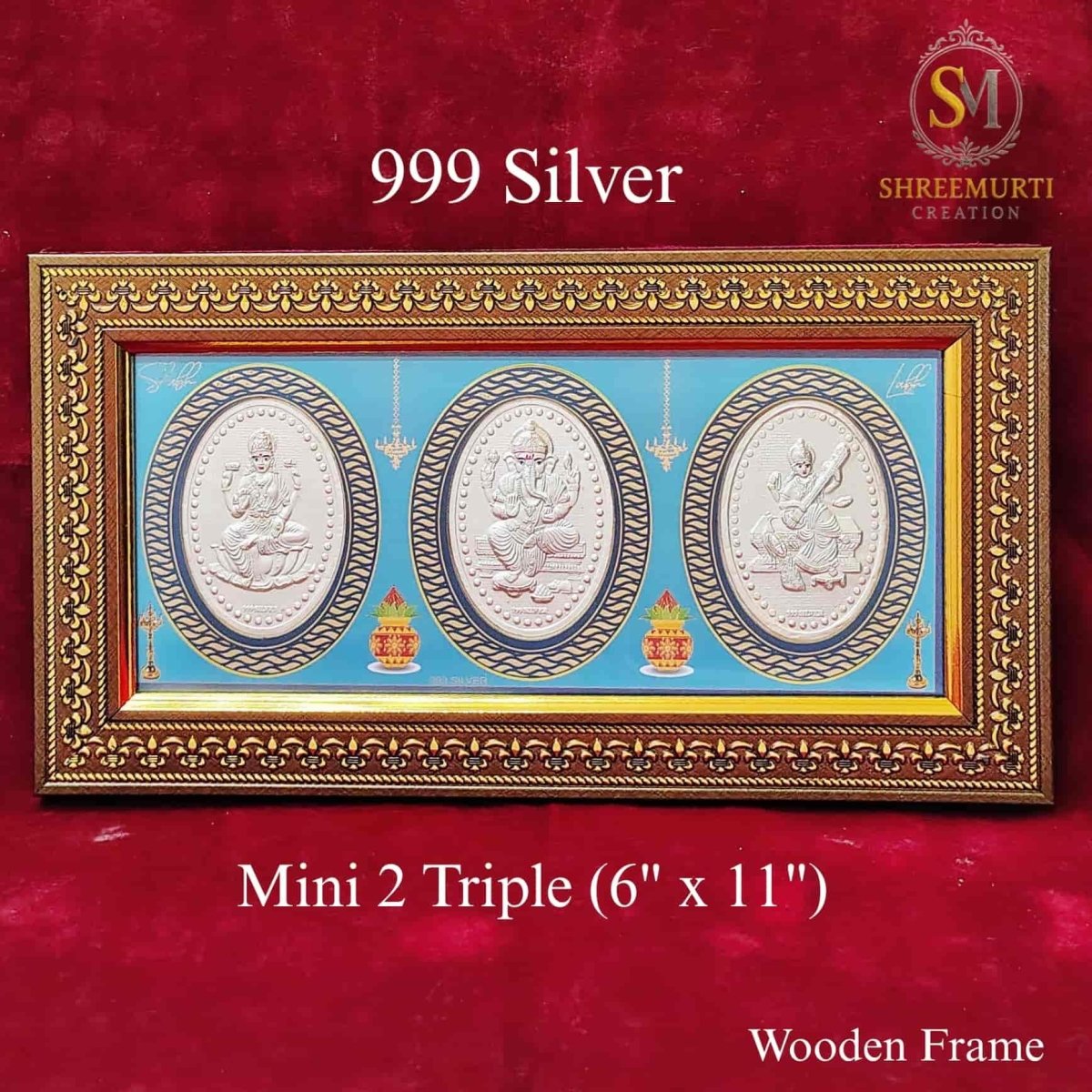 Exquisite Mini Triple 999 Pure Silver Ganesha Laxmi Saraswati Frame – 6x11 Inch Wooden Frame Corporate Gift - Shreemurti Creation 