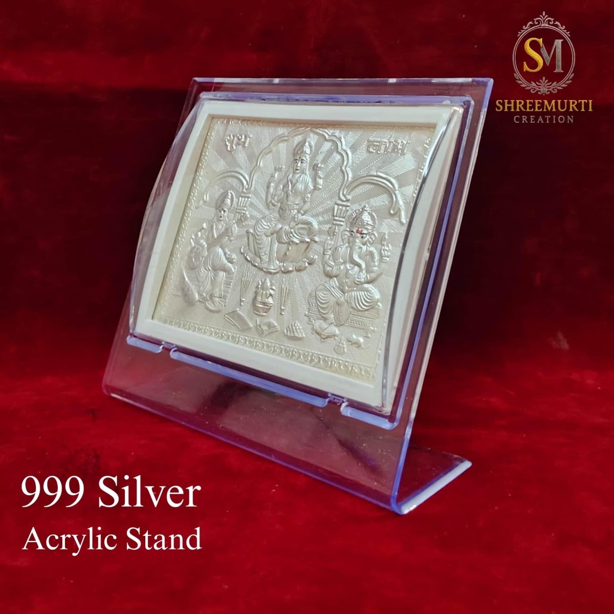Ganesha Laxmi Saraswati Trimurti 999 Silver in Acrylic Stand - Shreemurti Creation 