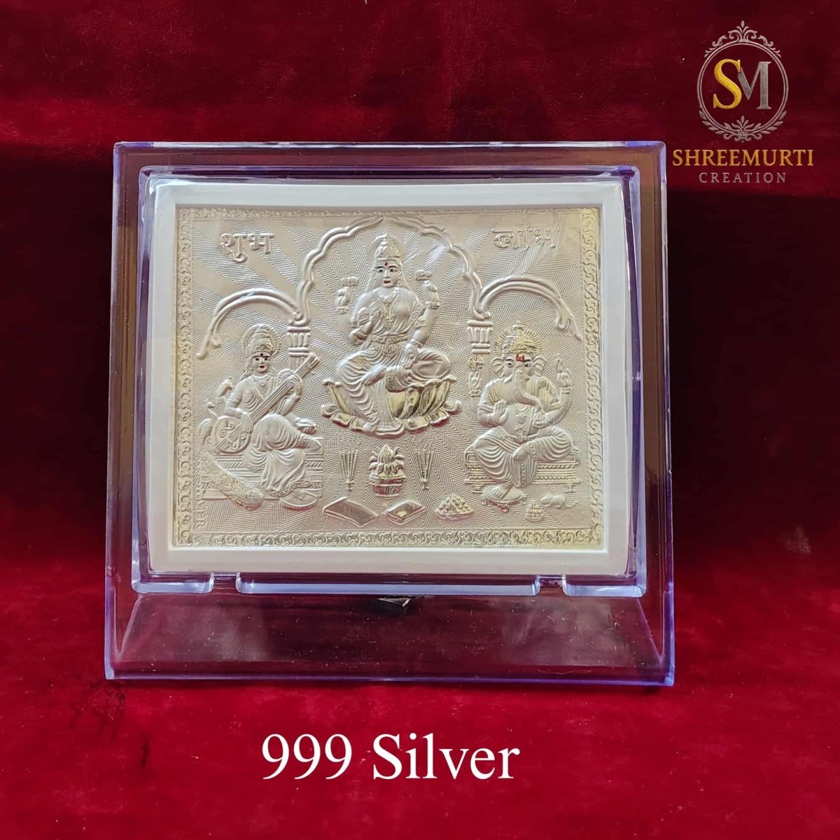 Ganesha Laxmi Saraswati Trimurti 999 Silver in Acrylic Stand - Shreemurti Creation 
