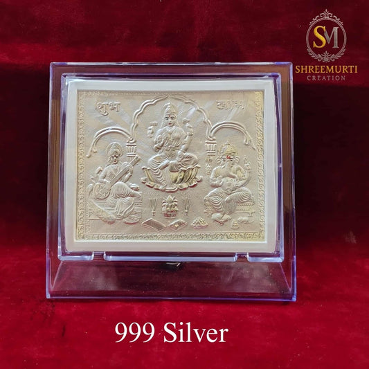 Ganesha Laxmi Saraswati Trimurti 999 Silver in Acrylic Stand - Shreemurti Creation 