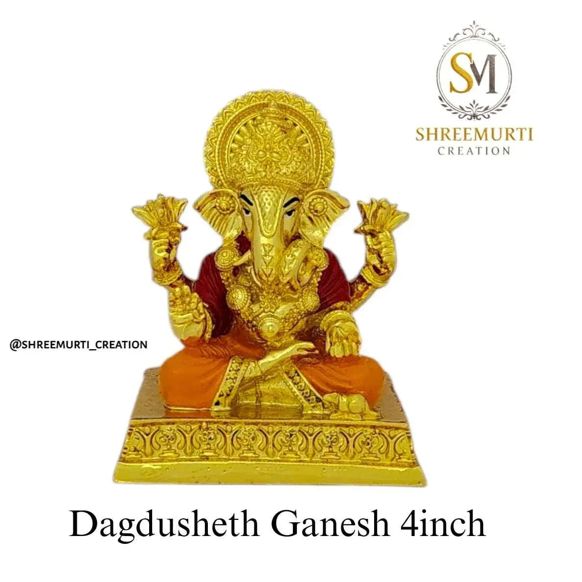 Gold Plated Dagdusheth Ganesh Idol 4 Inch - #1 Bestseller - Shreemurti Creation 