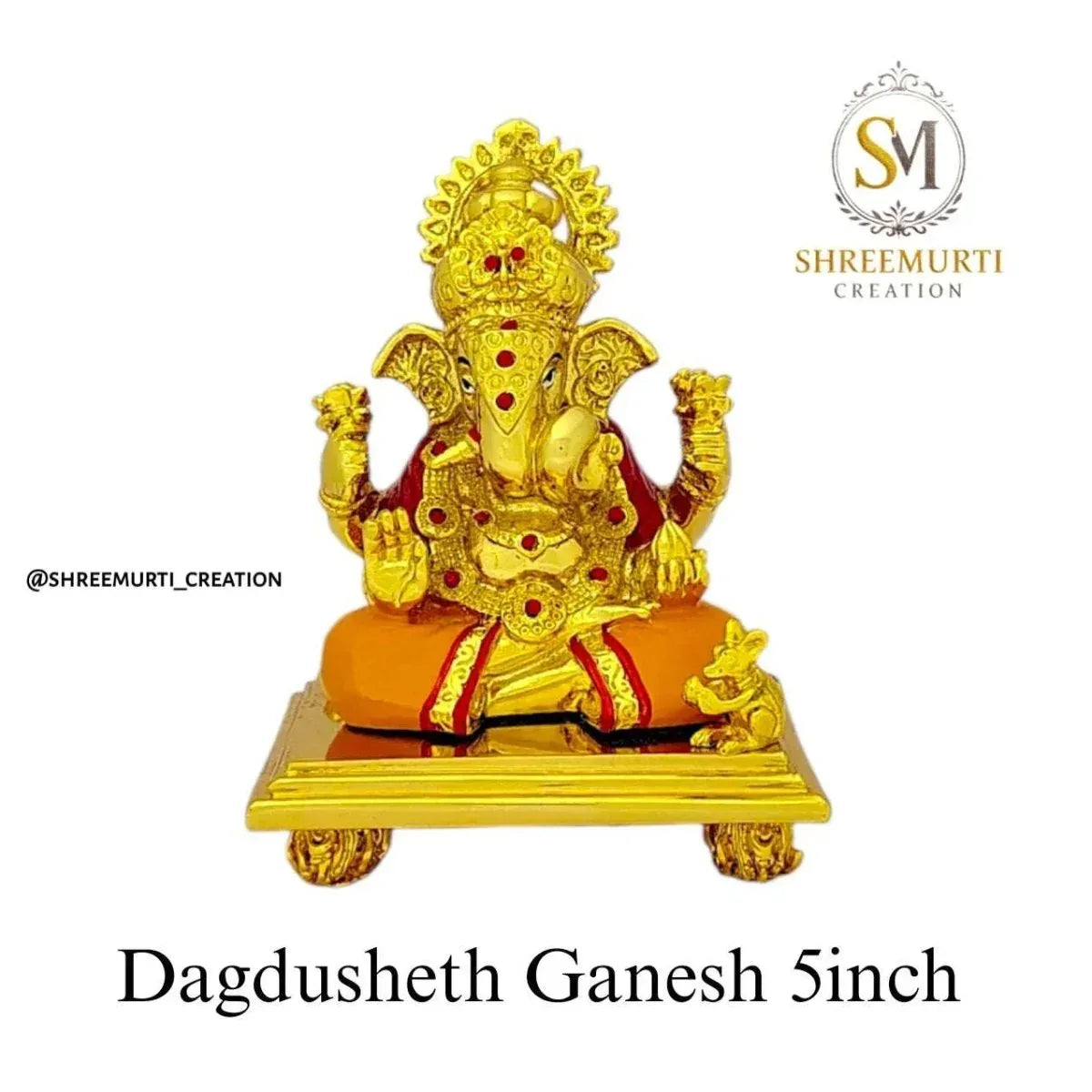 Gold Plated Dagdusheth Ganesh Idol 5 Inch - Family Pooja Favorite - Shreemurti Creation 