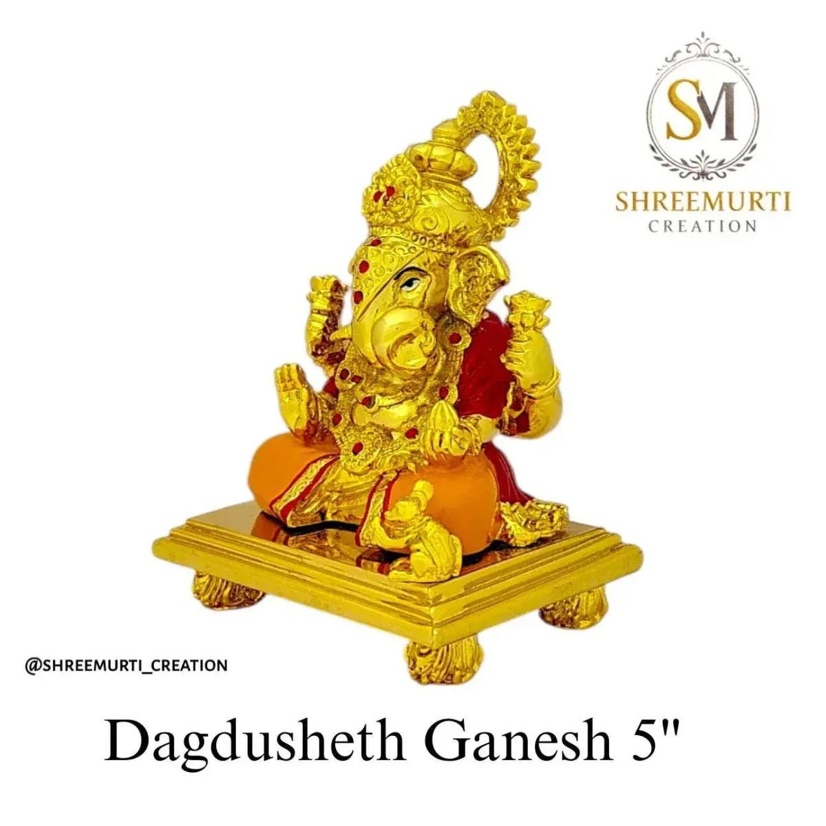 Gold Plated Dagdusheth Ganesh Idol 5 Inch - Family Pooja Favorite - Shreemurti Creation 