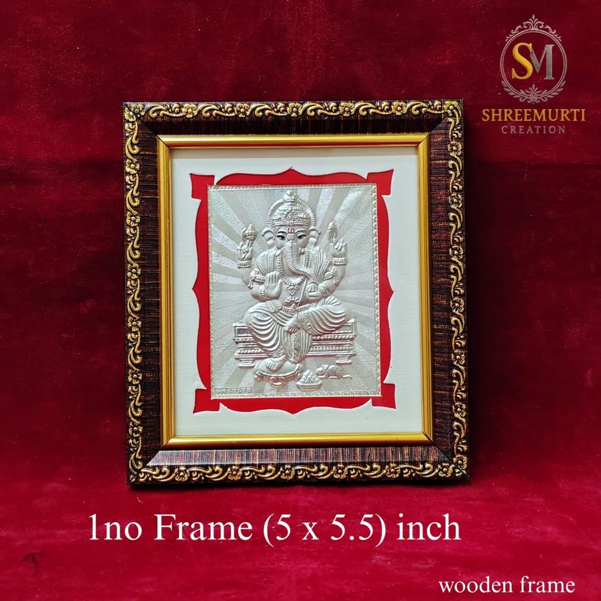 Premium 999 Pure Silver Ganesha Frame in Wooden Frame – 5x5.5 Inch Return Gift - Shreemurti Creation 