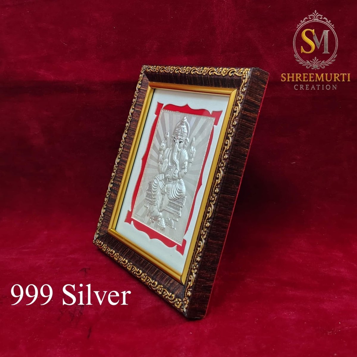 Premium 999 Pure Silver Ganesha Frame in Wooden Frame – 5x5.5 Inch Return Gift - Shreemurti Creation 