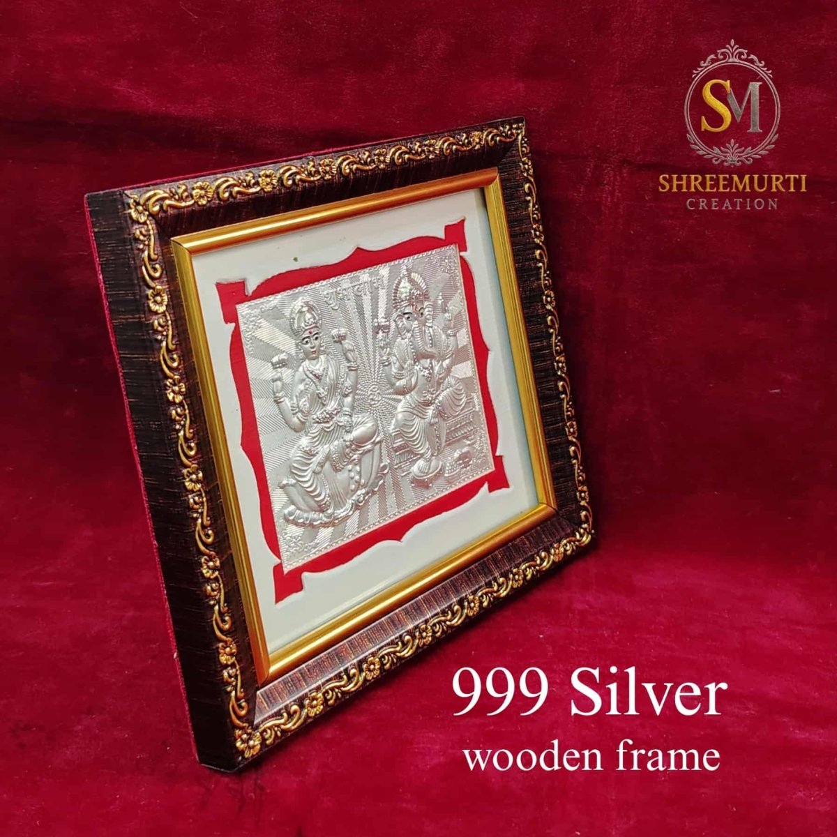 Premium 999 Pure Silver Ganesha Laxmi Frame in Wooden Frame – 5x5.5 Inch Return Gift - Shreemurti Creation 