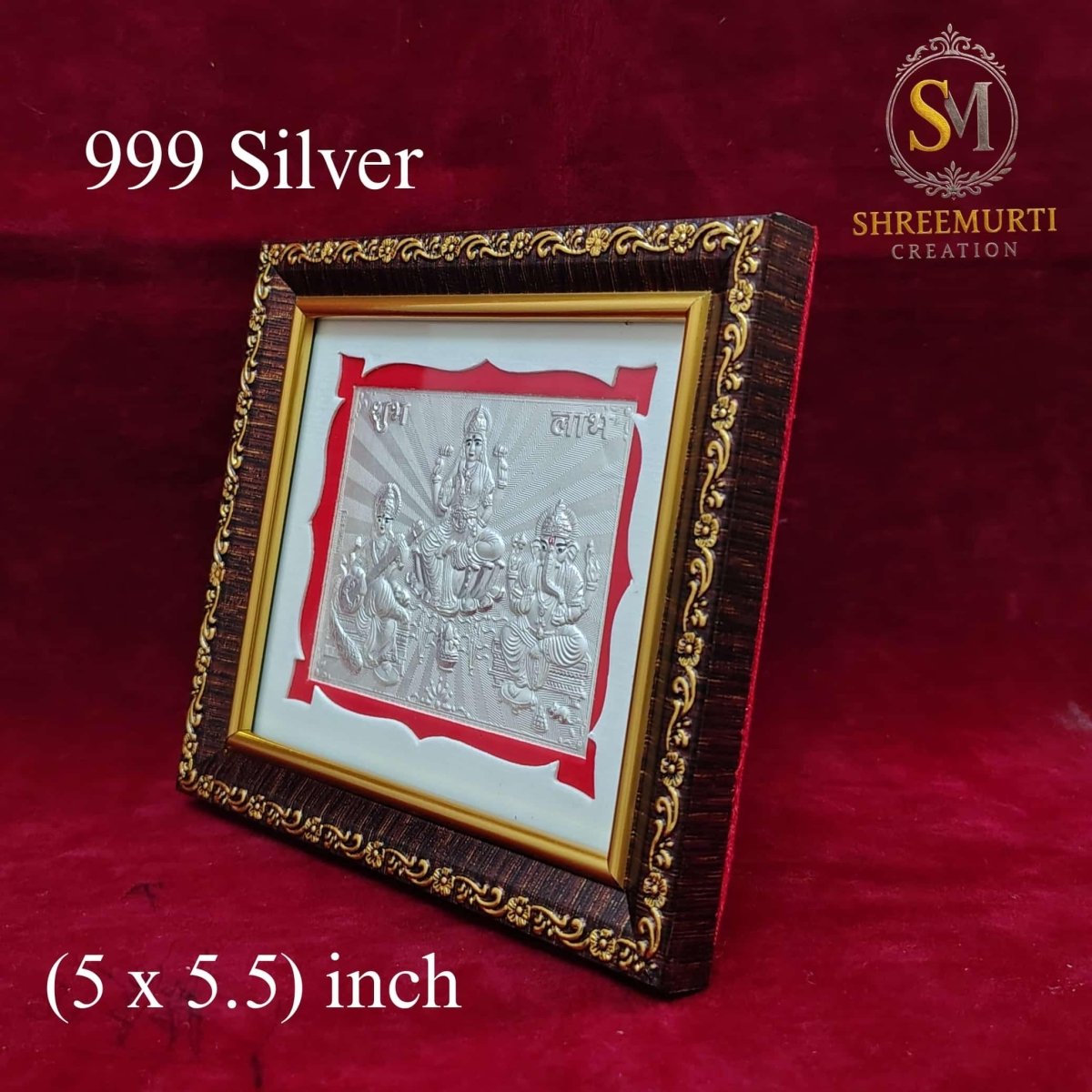 Premium 999 Pure Silver Ganesha Laxmi Saraswati Trimurti Frame – 5x5.5 Inch Wooden Frame Corporate Gift - Shreemurti Creation 